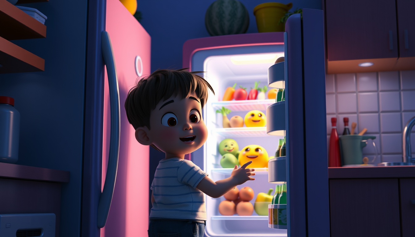 Main art studio: Scene 6 – Child Enters the Kitchen Prompt: A small child opening the refrigerator at night, surprised expression, bright refrigerator light shining on