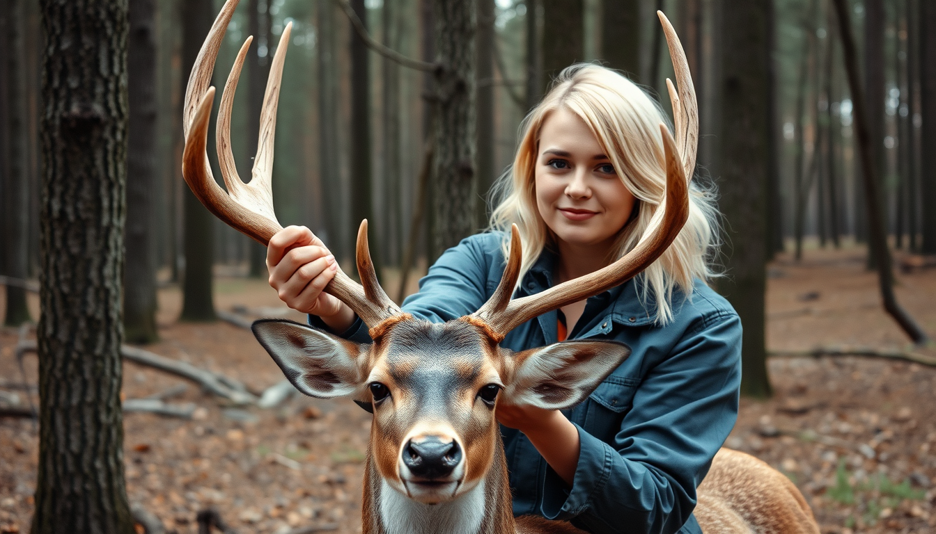 Main art studio: Make a photo of me holding the antlers of a deer in the woods i have blonde hair