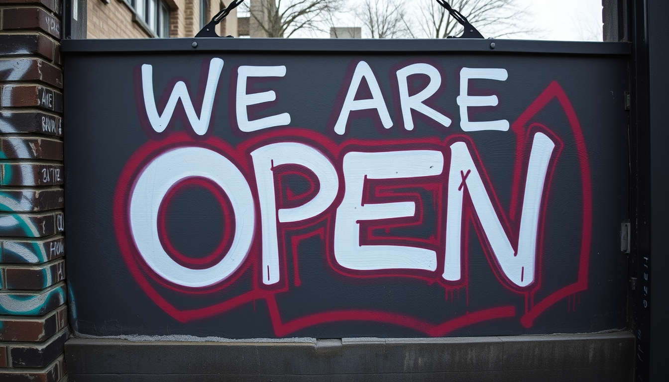 Main art studio: A graffiti sign that says WE ARE OPEN