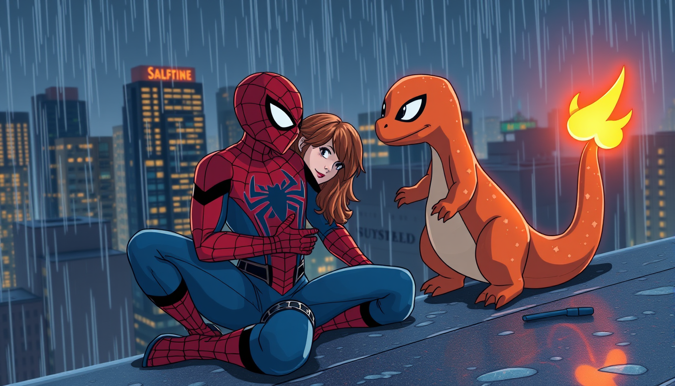 Main art studio: Spider-Man + MJ on a rainy rooftop, with Charmander's tail flame glowing in the night. 🌧️🔥 relestic cute and big zoomed out