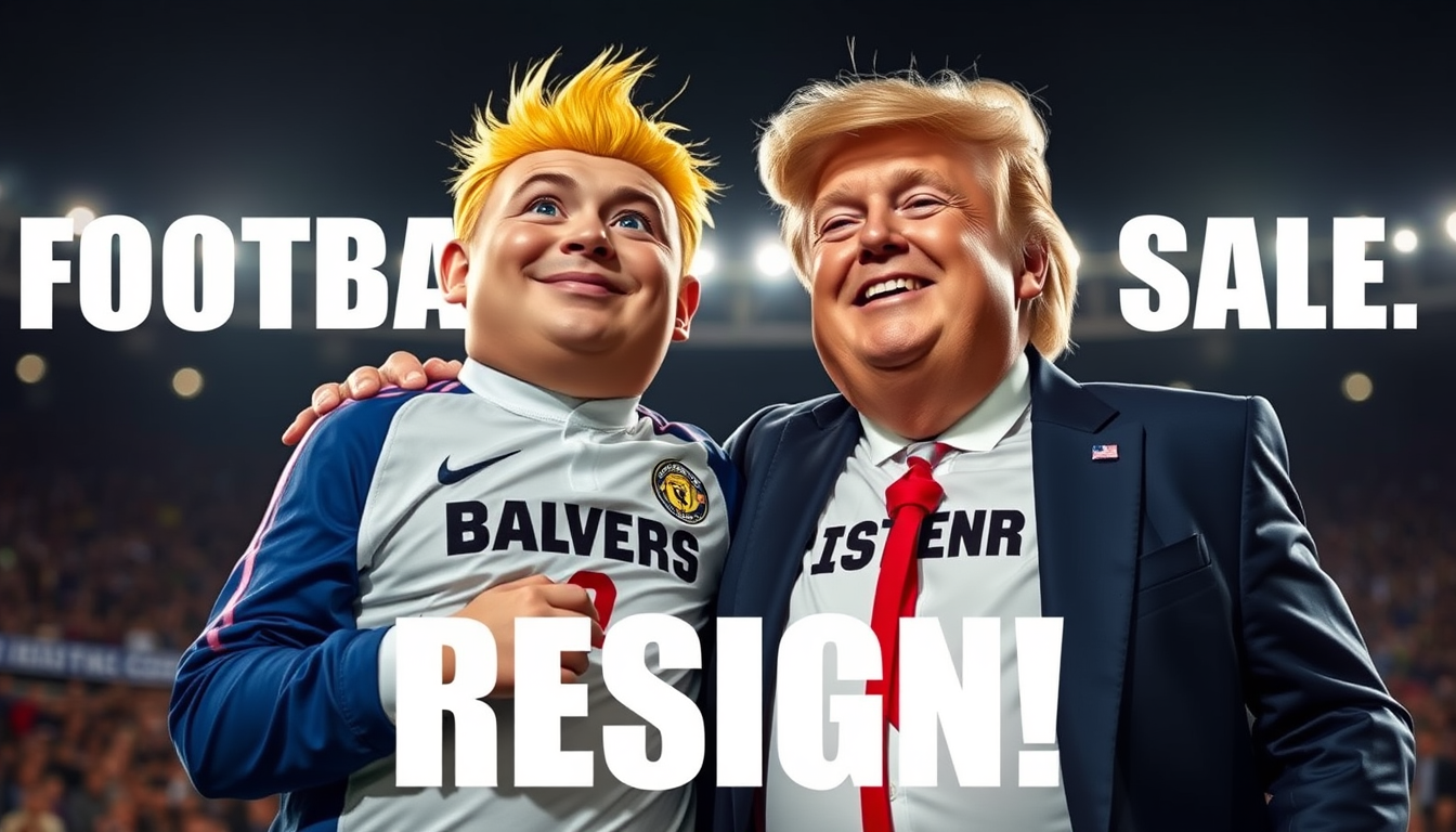 Main art studio: Je veut infantino et trump habiller en costume souriant entrain de levé la coupe du monde sur fond doré avec la phrase suivante : FOOTBALL IS NOT FOR 