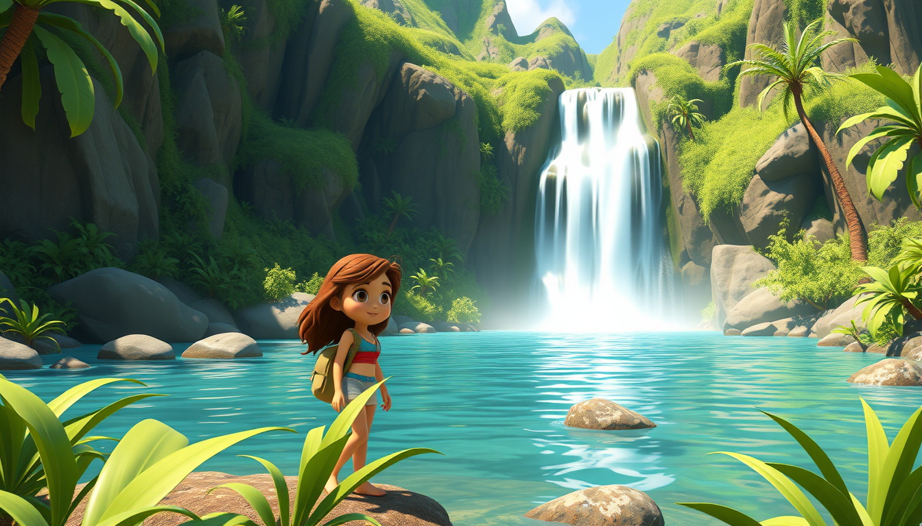 Main art studio: Scene 5: Chloe visiting a beautiful Hawaiian waterfall, surrounded by lush green mountains and tropical plants, adventurous mood, cute 3D cartoon movi