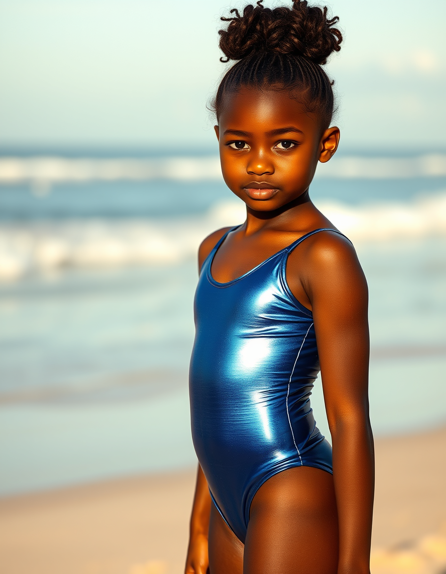 Main art studio: Young African American gymnast, tight metallic blue leotard, standing on beach