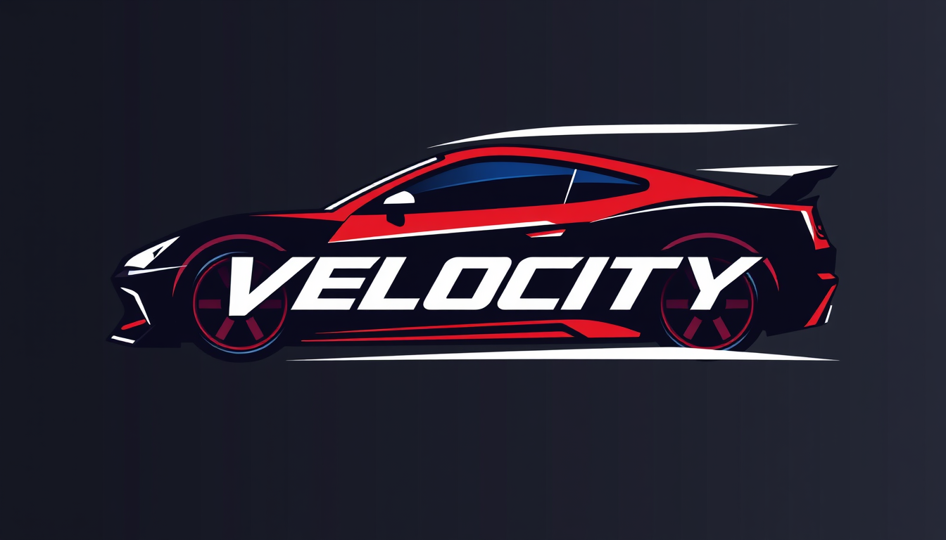 Main art studio: Professional Roblox racing logo for "VELOCITY". Sleek sports car silhouette, dynamic speed lines, aggressive modern typography, sharp geometric shapes