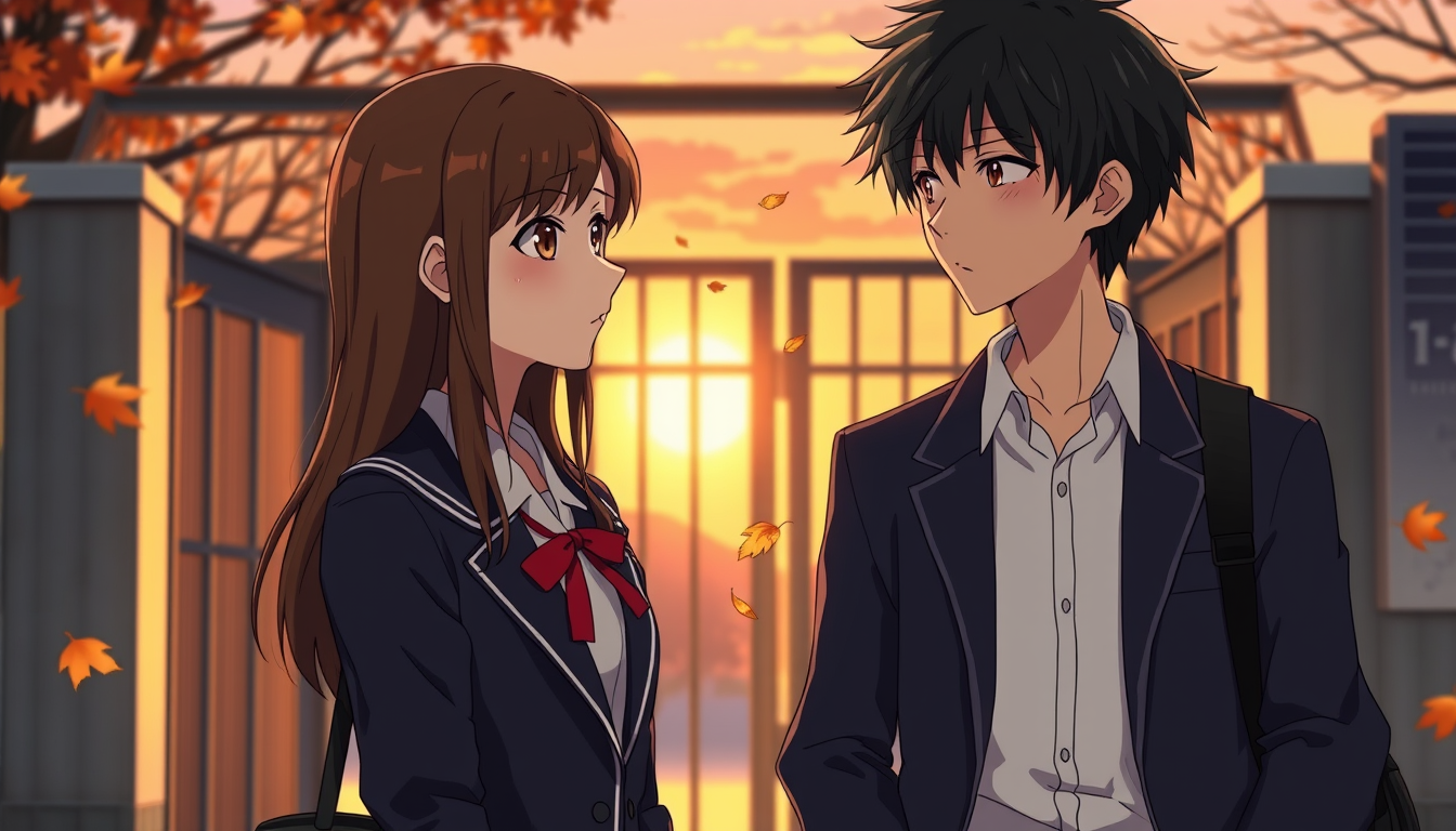 Main art studio: Create Scene 9 of the original cinematic Japanese anime romance movie October Theory. Near the Japanese high school gates at sunset, Noni Mizuno, a 17