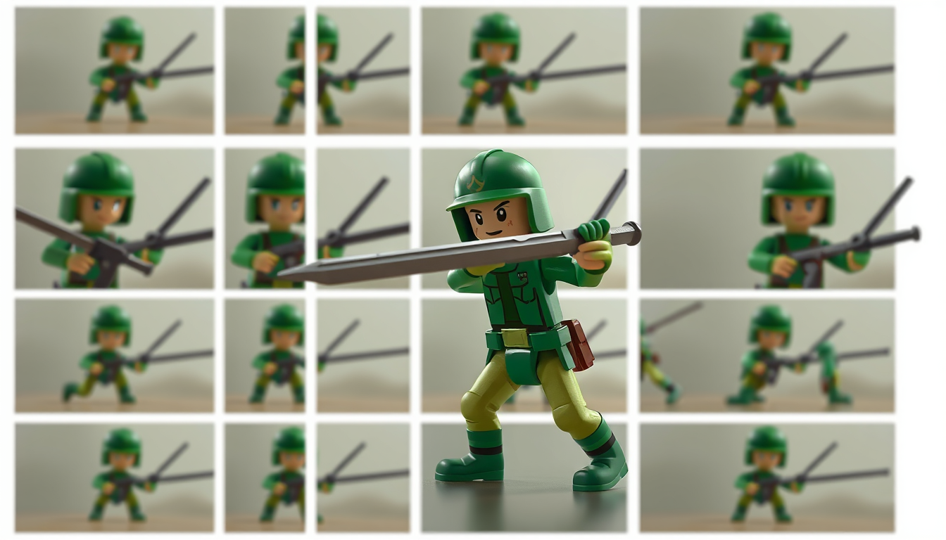 Sprite Sheet idea created from the prompt: a grid of animation frames sharing one character, scale, palette, and camera angle, deliberate composition, A toy green soldier attacks towa