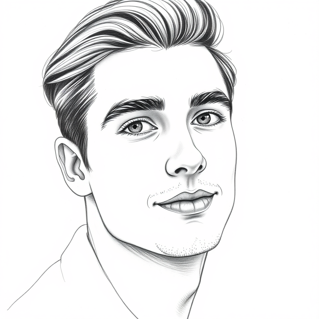 Main art studio: Create a realistic black-and-white pencil sketch of my future soulmate. He should be a handsome young man with natural features, deep expressive eyes,