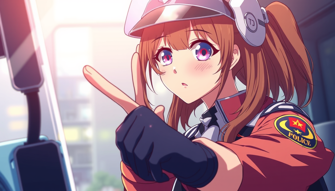 Anime idea: anime style, vibrant colors, expressive eyes, Génère moi une fille brune en policière fait sorte que un mec soit dans une machine qui lui atache les b