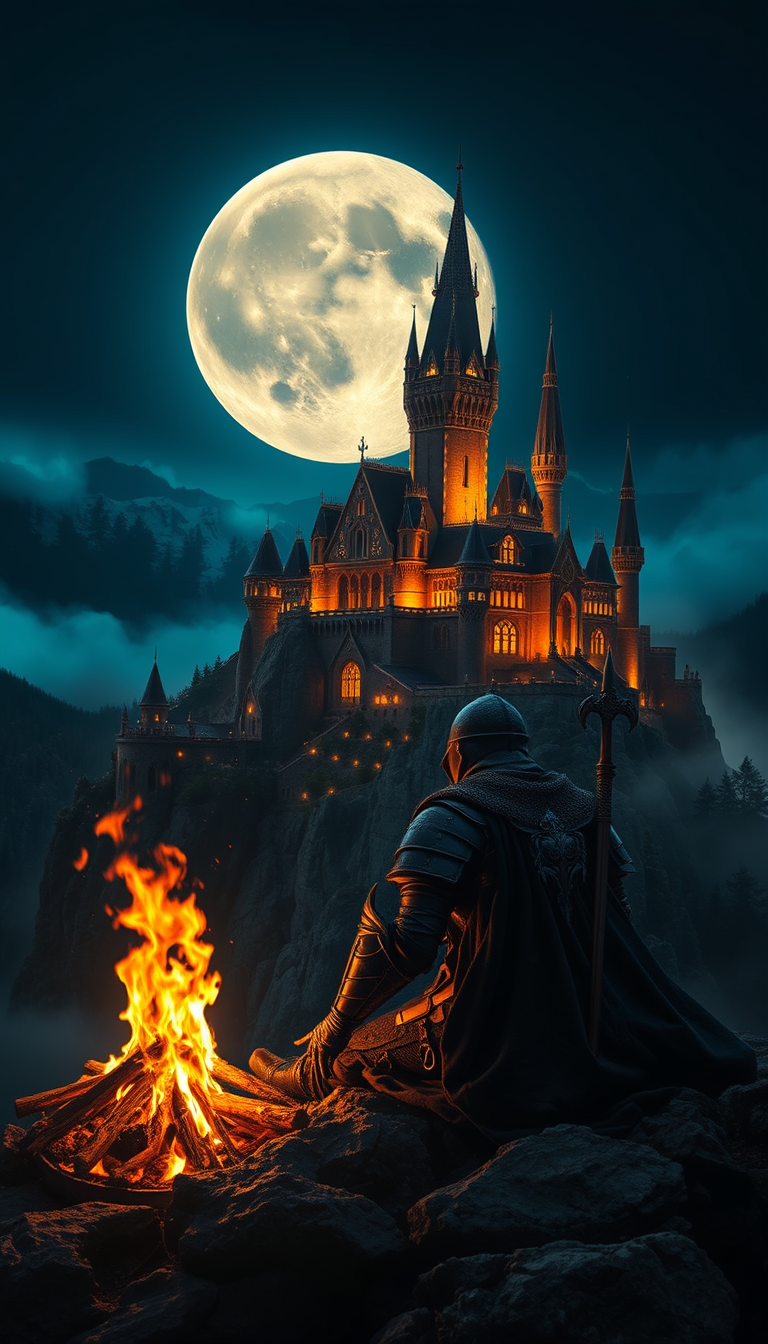 Main art studio: Create an ultra-realistic cinematic dark fantasy scene, a lone medieval knight wearing detailed black armour sitting beside a glowing campfire on a ro