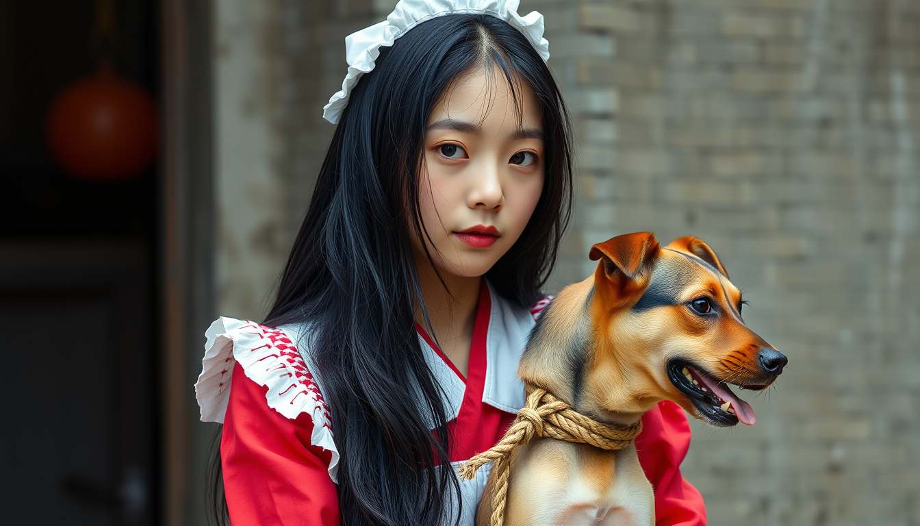 Main art studio: Korean black long hair girl wear maid clothes and she is tied by rope and her neck was dog rope