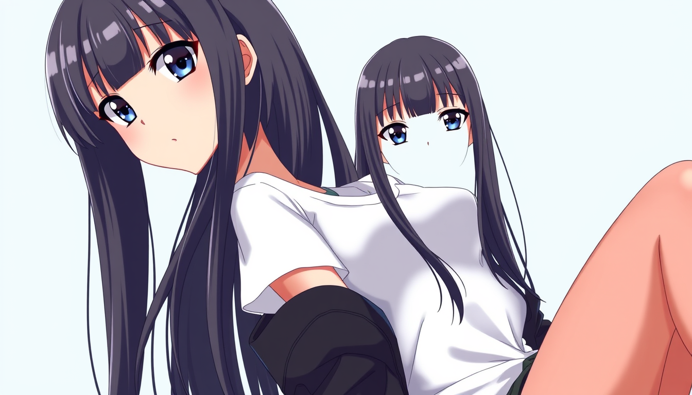 Anime idea: anime style, vibrant colors, expressive eyes, Anime woman with long glossy black hair and bangs, white T-shirt, dark jacket tied at waist/legs, calm e