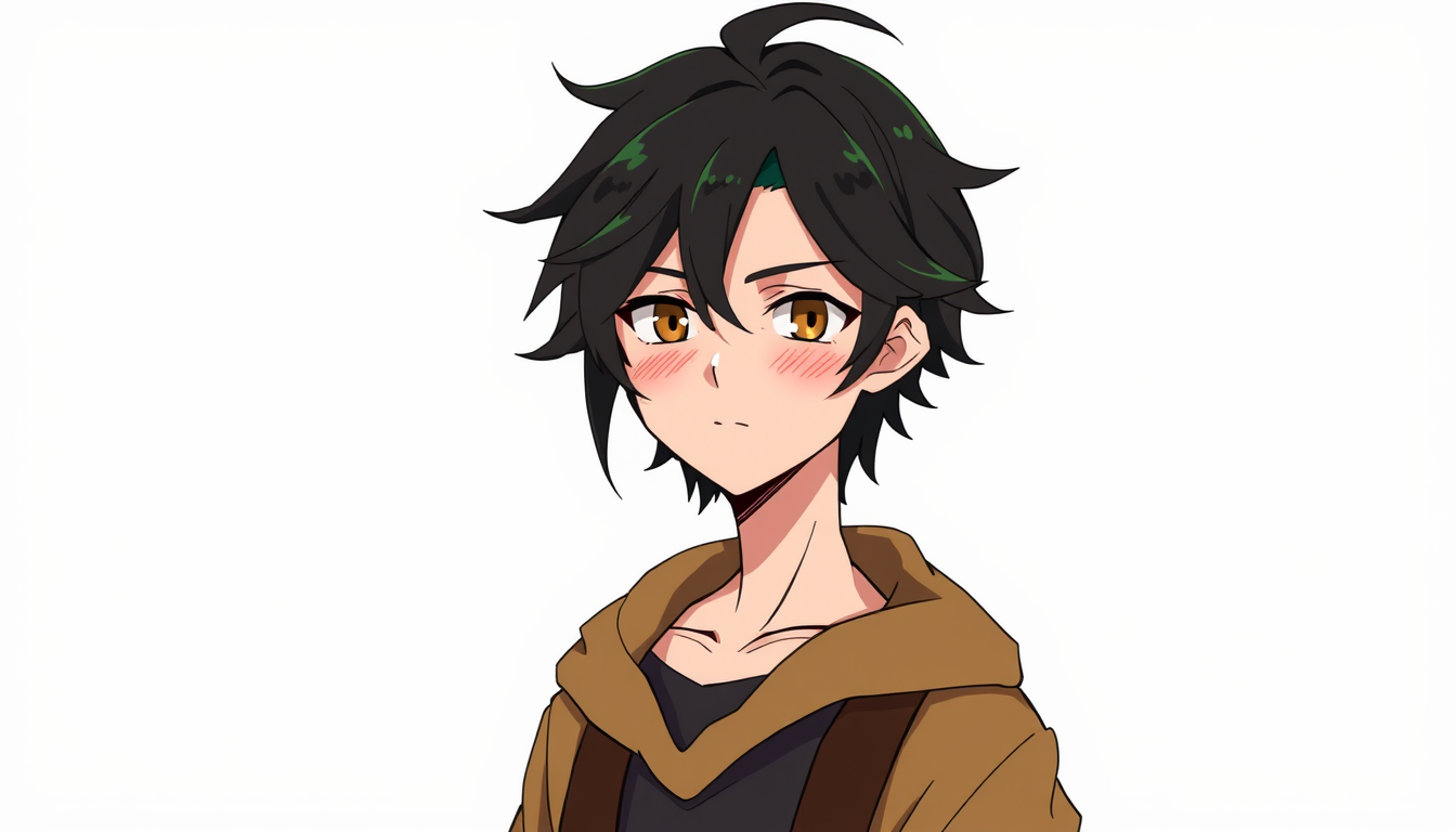 Characters idea: an original character defined by silhouette, role, outfit, palette, and expression, deliberate composition, Kaito has messy black hair with subtle dar