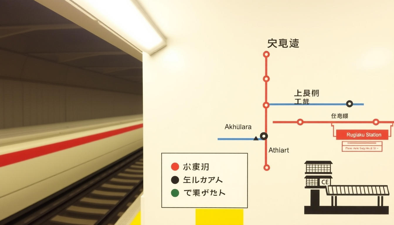 AI Art prompt example created from the prompt: I simple (SIMPLE!) train map (for my JHS English class worksheet) of Tsukuba Express Line (Otakanomori Stn to Akihabara) and Sobu Line (Akih