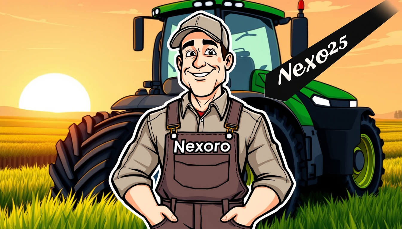 Main art studio: Cartoon gaming logo for a Farming Simulator 25 YouTube & TikTok channel. A cool, confident farmer wearing a cap and overalls stands in front of a huge