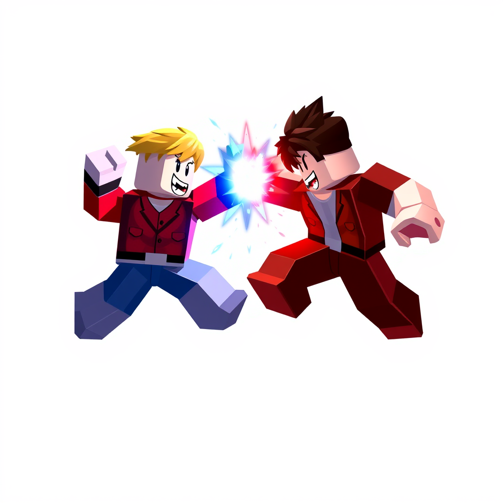 Main art studio: Create an epic Roblox fighting game icon for "Fall and Punch". Two blocky Roblox characters fighting mid-air, powerful punch impact, glowing blue and