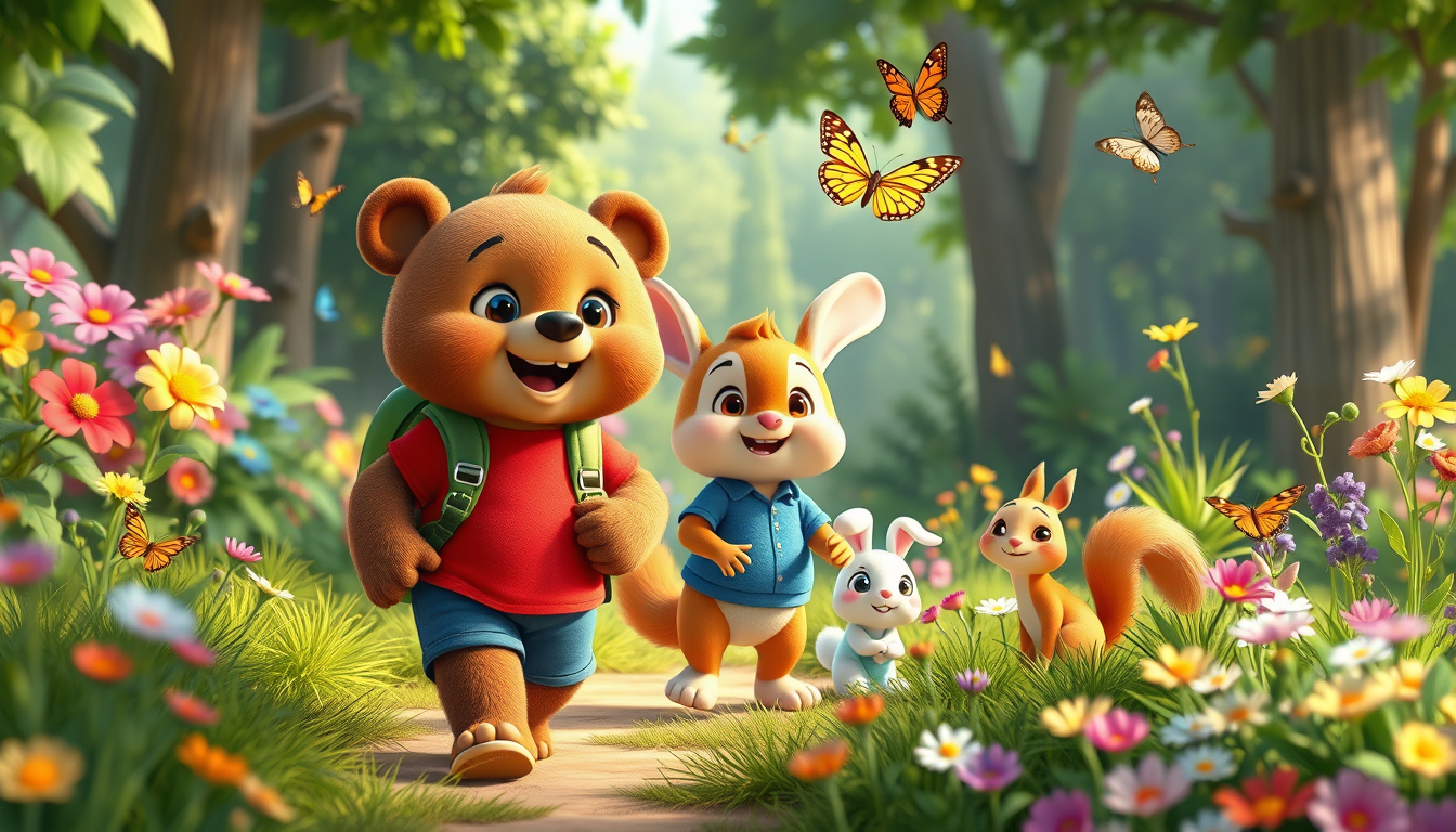 Main art studio: 3D animated children's cartoon. Bruno, the cute brown bear wearing a red T-shirt, blue shorts, and green backpack, walks with Benny, a small white rab