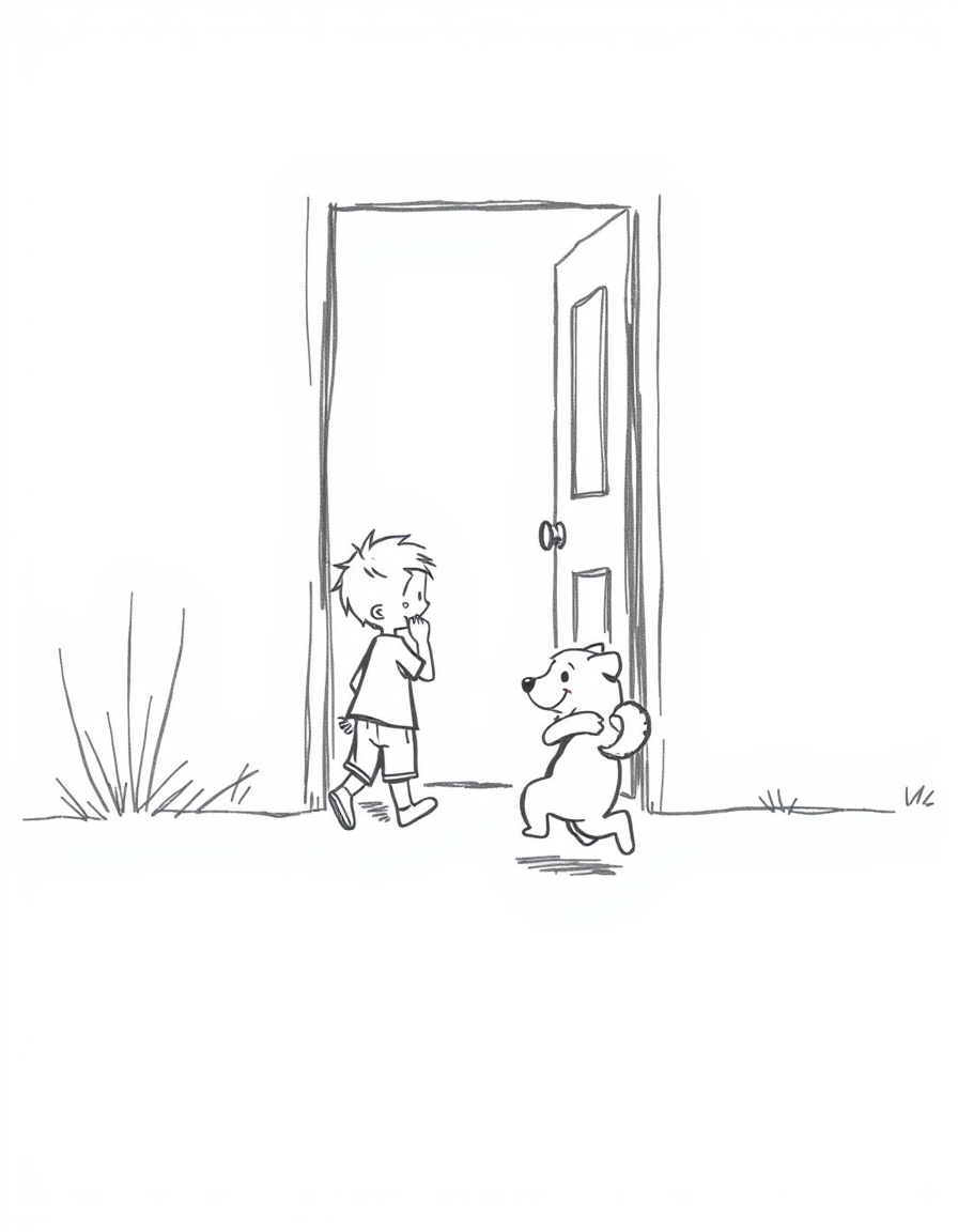 Main art studio: A simple black-and-white pencil sketch, like a child casually drew it. A little boy stands at the open front door of a modest cozy house, while a happ