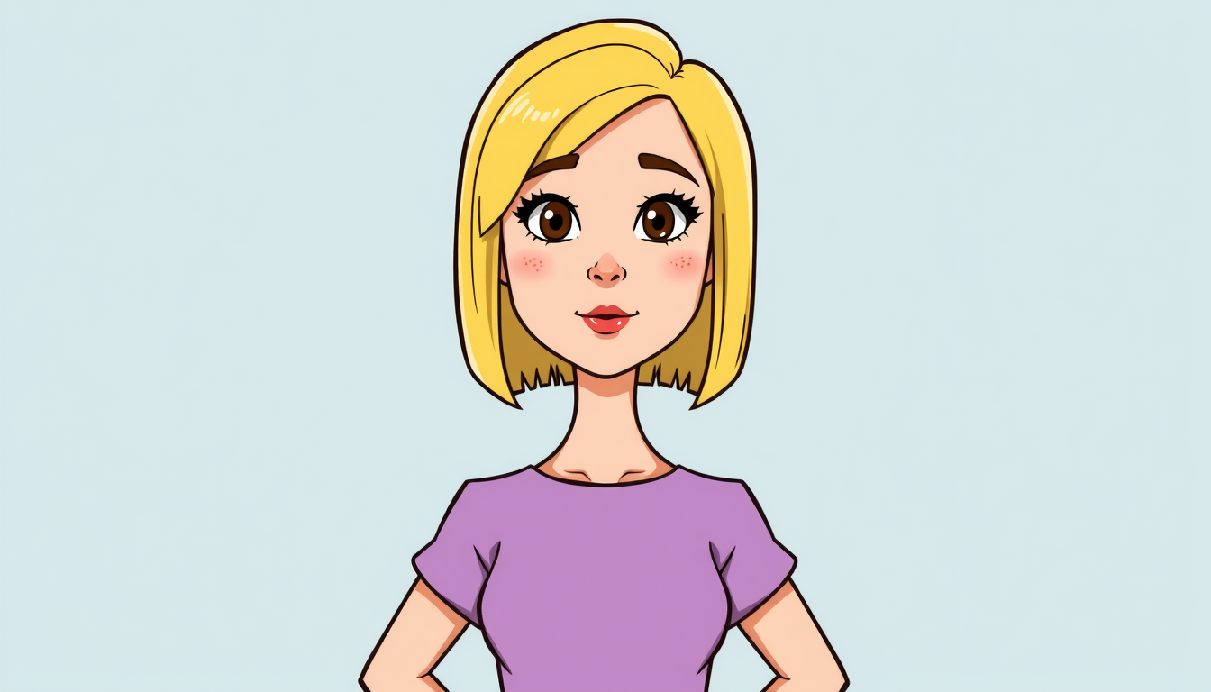 Cartoon Avatars idea: cartoon avatar, head-and-shoulders, bold outlines, flat shading, A full body cartoon woman avatar with blonde hair cut into a bob, brown eyes, a round