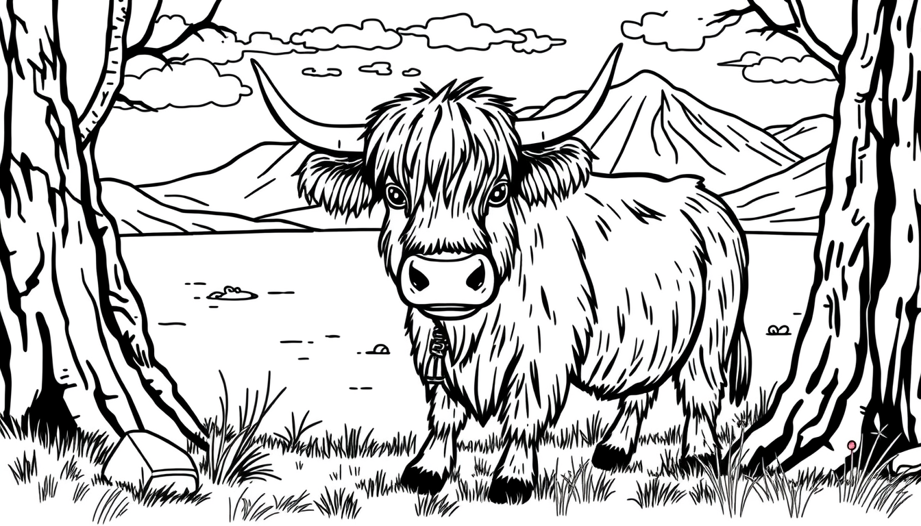 Main art studio: Créer 20 illustrations distinctes pour un livre de coloriage destiné aux enfants de 4 à 7 ans. Thème : Écosse , highland cow, kilt, loch ness. Une scè