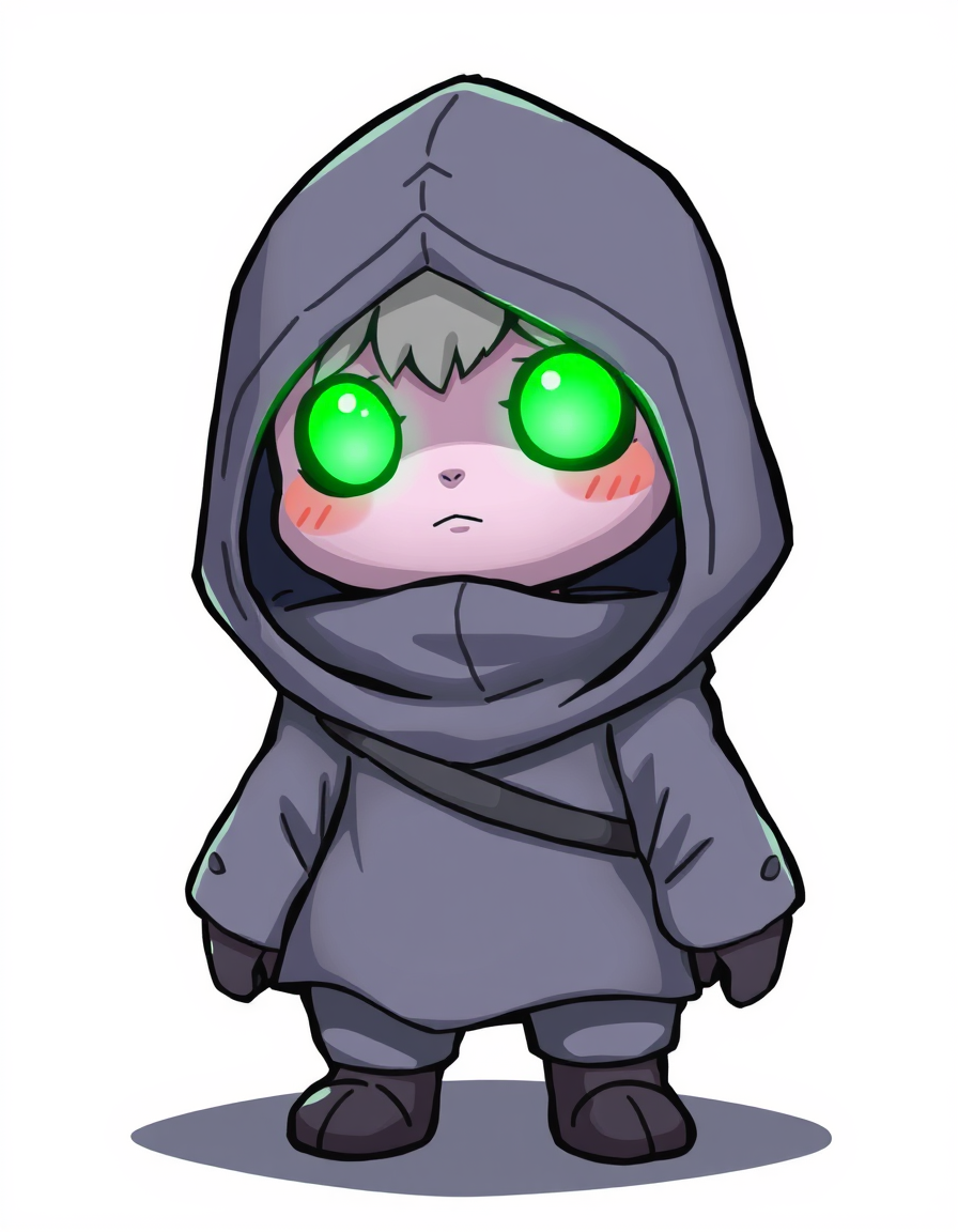 Main art studio: make a cute hooded character with glowing green eyes, that is short and stubby and grey clothes all over