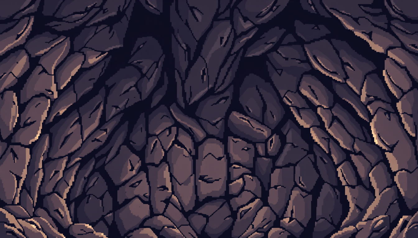 Pixel Art idea: pixel art, 32-bit retro style, limited color palette, clear readable design, Seamless REPEATABLE enclosed cave background. Dark charcoal rock ceiling