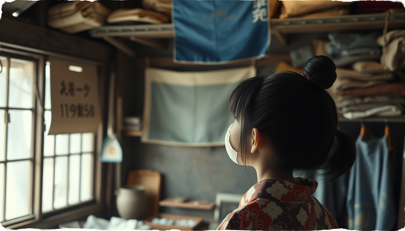 Main art studio: Little Japanese girl with her hair tied up, inside the old ramshackle shop looking up at the blue fabric way up high on a dusty shelf, barely visible 