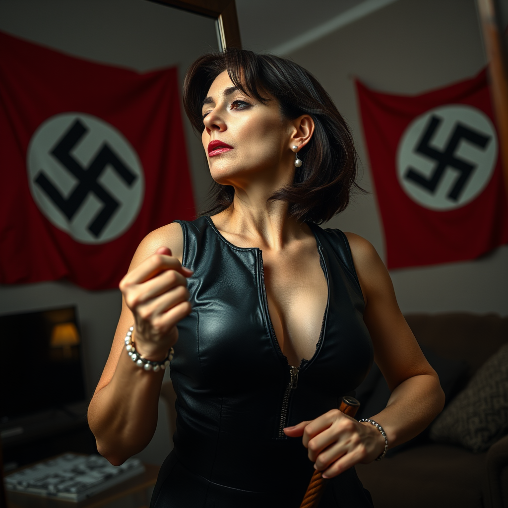 Main art studio: low angle shot of an astonishingly beautiful serious woman around 44. She is wearing a black leather tank top with zipper, white skin, shoulder length