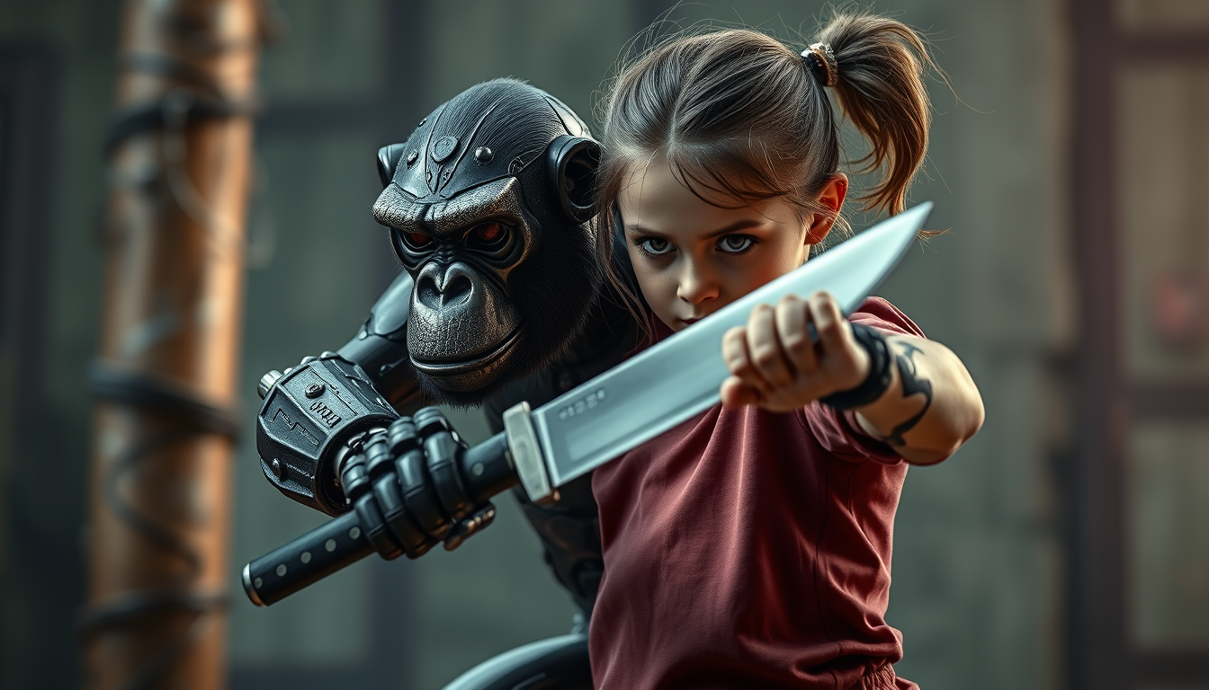 Main art studio: make an image of a girl holding a knife to fight a robotic monkey