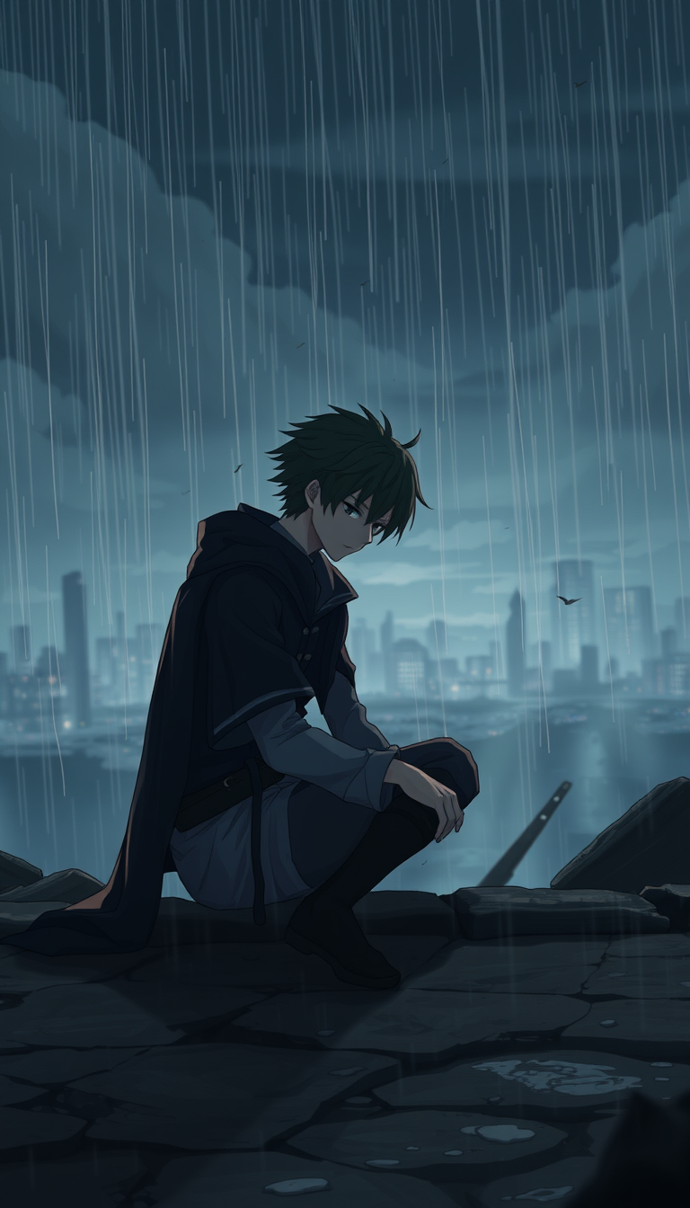 Main art studio: Anime hero sitting alone after a difficult battle, looking down with a defeated and emotional expression, ruined city in the distant background, soft