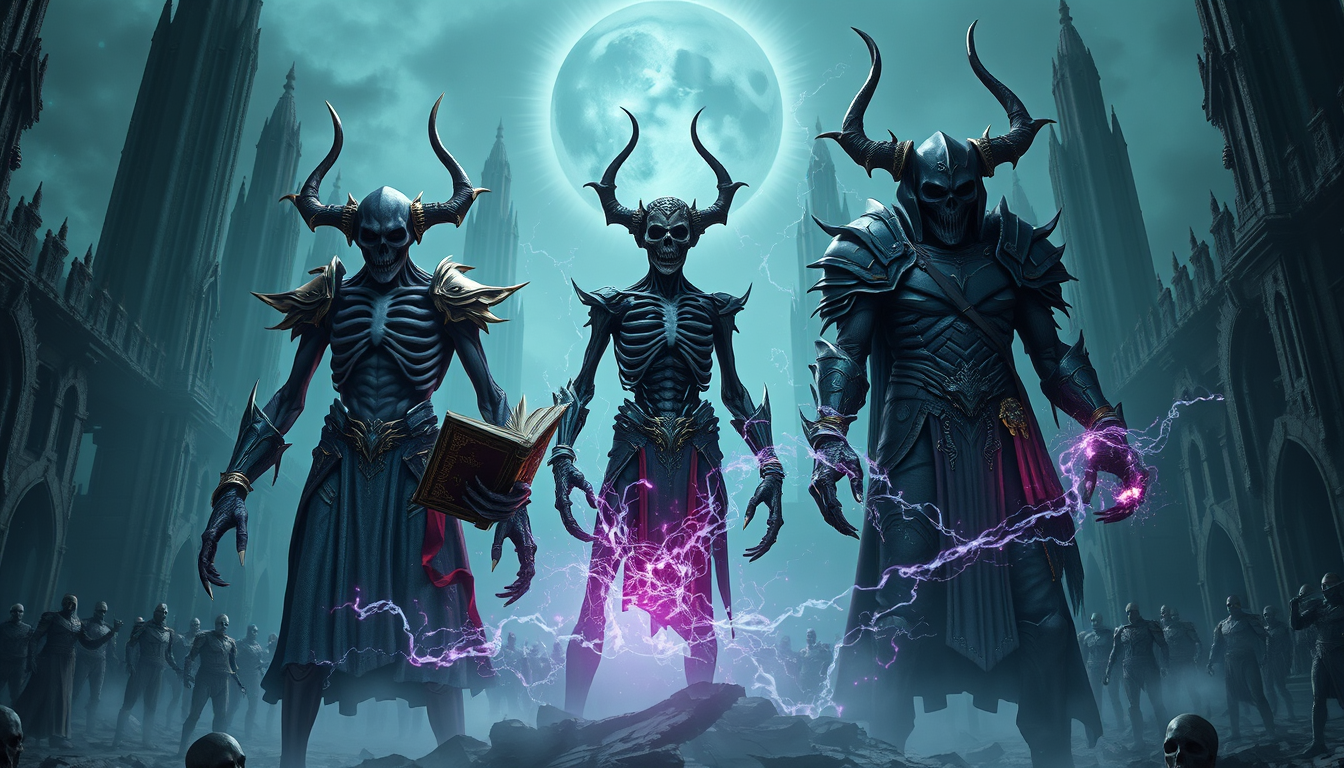 AI Art prompt example created from the prompt: dark fantasy cinematic wallpaper featuring three unmistakable undead overlords: Vecna from Dungeons & Dragons, based on the uploaded referen