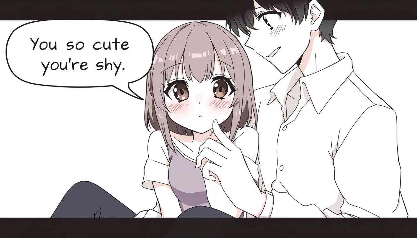 Anime idea: anime style, vibrant colors, expressive eyes, Black-and-white shoujo manga, two adult characters, shy blushing girl sitting close to a teasing handsom