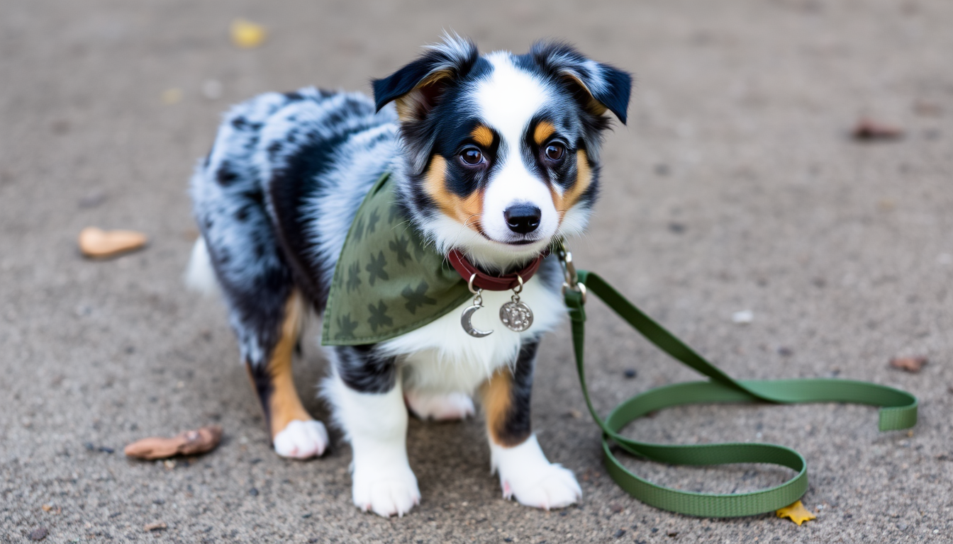 Main art studio: 🐶 Blue-merle Miniature American Shepherd 🌲 Tree bandana 🫒 Olive-green crocs 🤎 Dark-brown collar 🌙 Silver moon charm 💚 Green leash