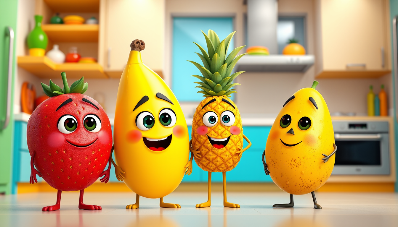 AI Art prompt example created from the prompt: Create four funny anthropomorphic fruit characters standing together in a colorful modern kitchen: a cute red strawberry, a yellow banana, a