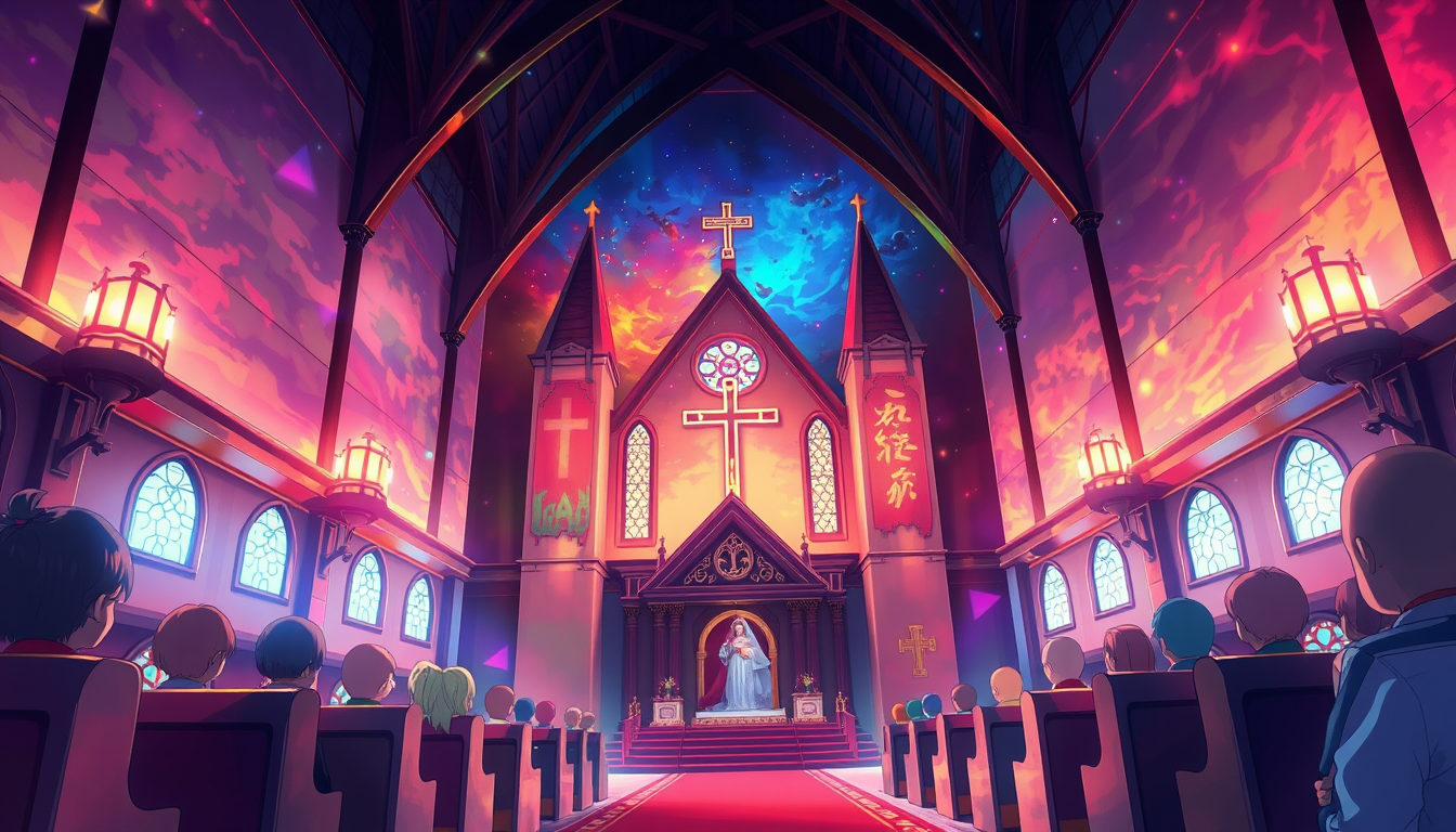 Anime idea: anime style, vibrant colors, expressive eyes, Inside middle Holy Church , detailed anime illustration