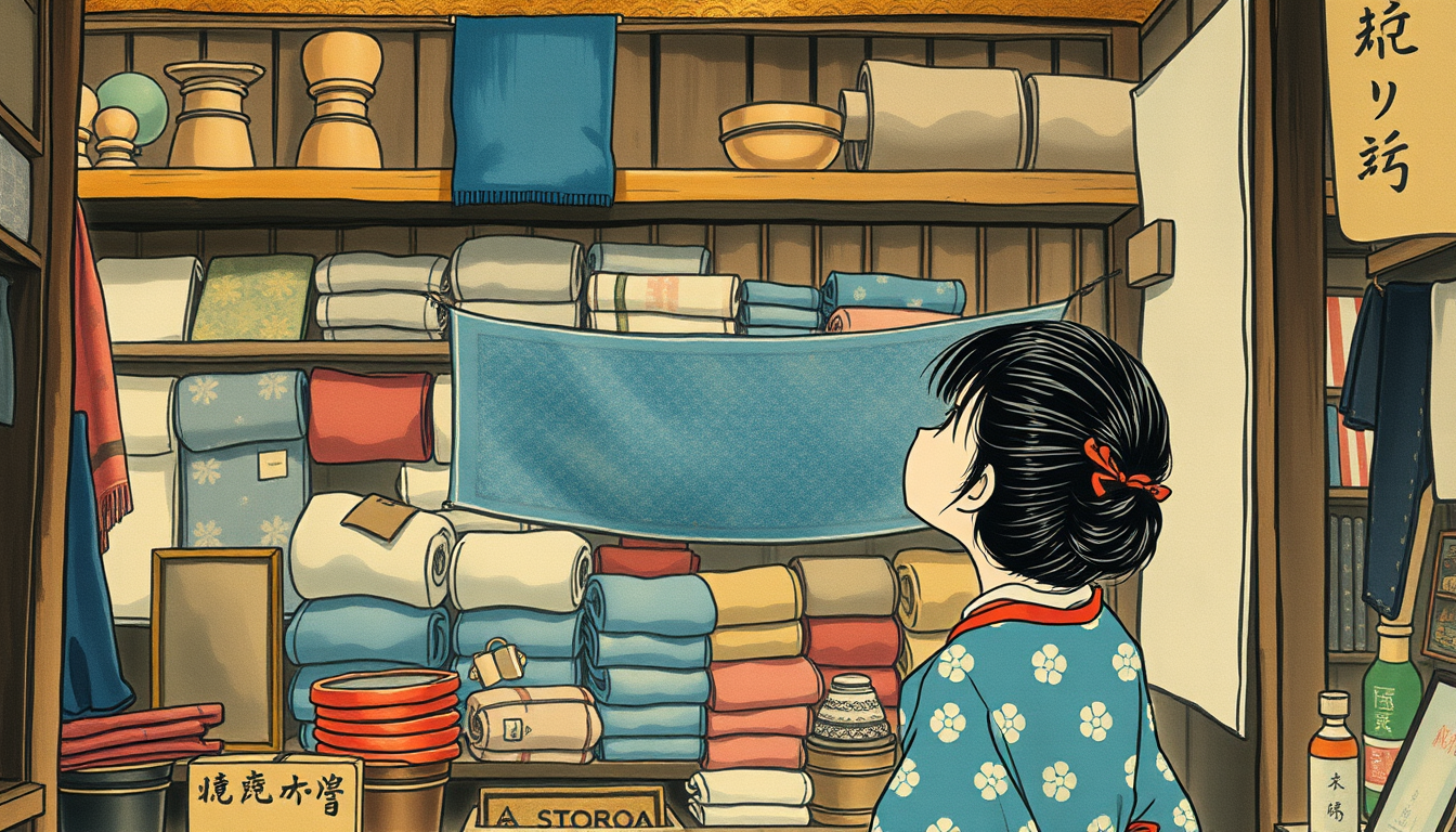 Main art studio: Little Japanese girl with her hair tied up, inside the old ramshackle shop looking up at the blue fabric way up high on a dusty shelf, barely visible