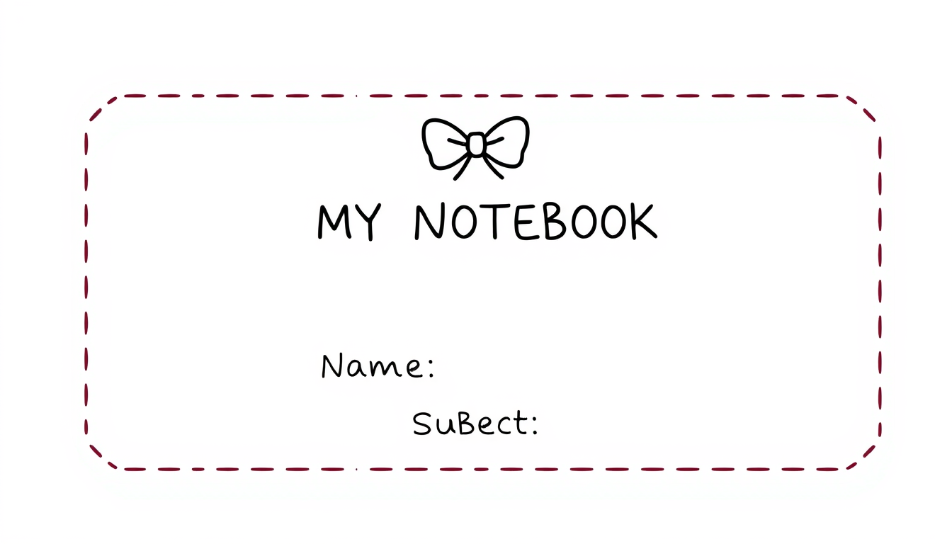 Main art studio: SIMPLE NOTEBOOK LABEL DESIGN Create a simple school notebook label with a clean, minimal style. Use a small hand-drawn bow as the main decoration. The