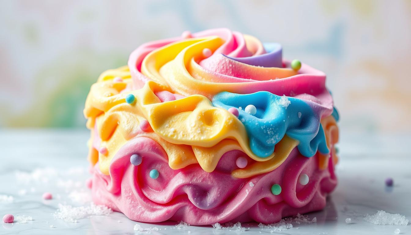 Main art studio: Ultra-realistic colorful foam-themed cake covered in soft, fluffy rainbow-colored foam, with vibrant pink, blue, yellow, purple, and green swirls. Add