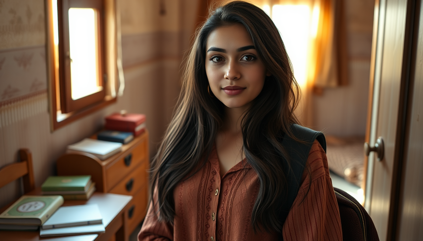 Main art studio: A photorealistic young Moroccan woman named Salma, 21 years old, with long dark brown hair, brown eyes, warm light-brown skin and gentle natural featu