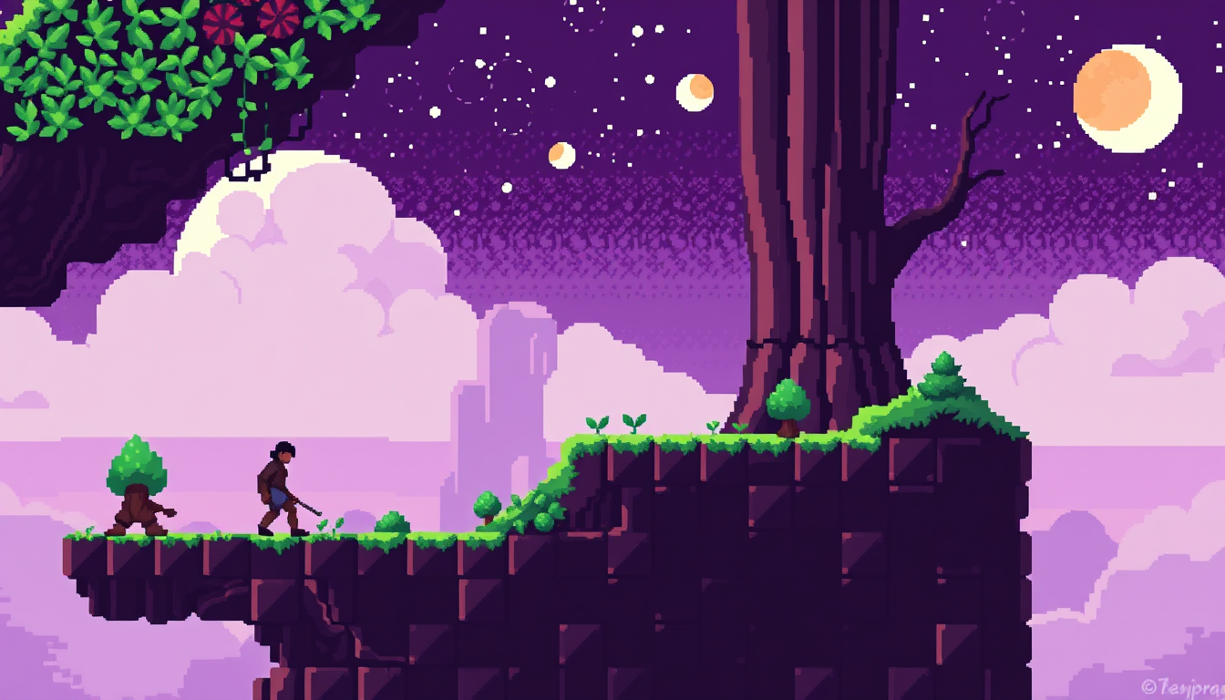 Pixel Art idea: pixel art, 32x32 sprite scale, limited palette, retro 16-bit game art, IA → fondo/base → LibreSprite → tiles 32×32 → Tiled , crisp pixel perfect, indi