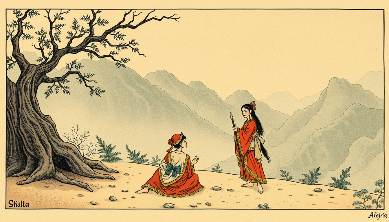 Main art studio: crée une image d'inspiration orientaliste de type 19e siecle pour illustrer l'histoire de Yemma Gouraya conte d'algérie