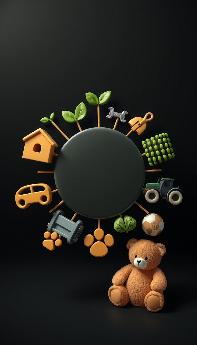 Main art studio: Create a premium 3D brand ecosystem, vertical 9:16, dark deep-neutral background, elegant cinematic lighting and refined professional branding. Arrang