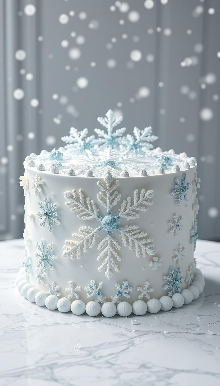 Main art studio: Ultra-realistic snowflake cake, covered in smooth white frosting and decorated with intricate edible snowflakes, sparkling sugar crystals, icy-blue an