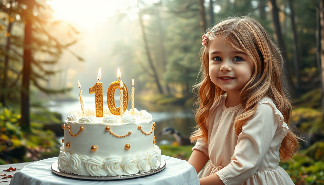 Main art studio: This is a photo of a girl on her 10th birthday. Without changing her face, lips, nose, mouth, or anything else — make her cake white and gold with 10