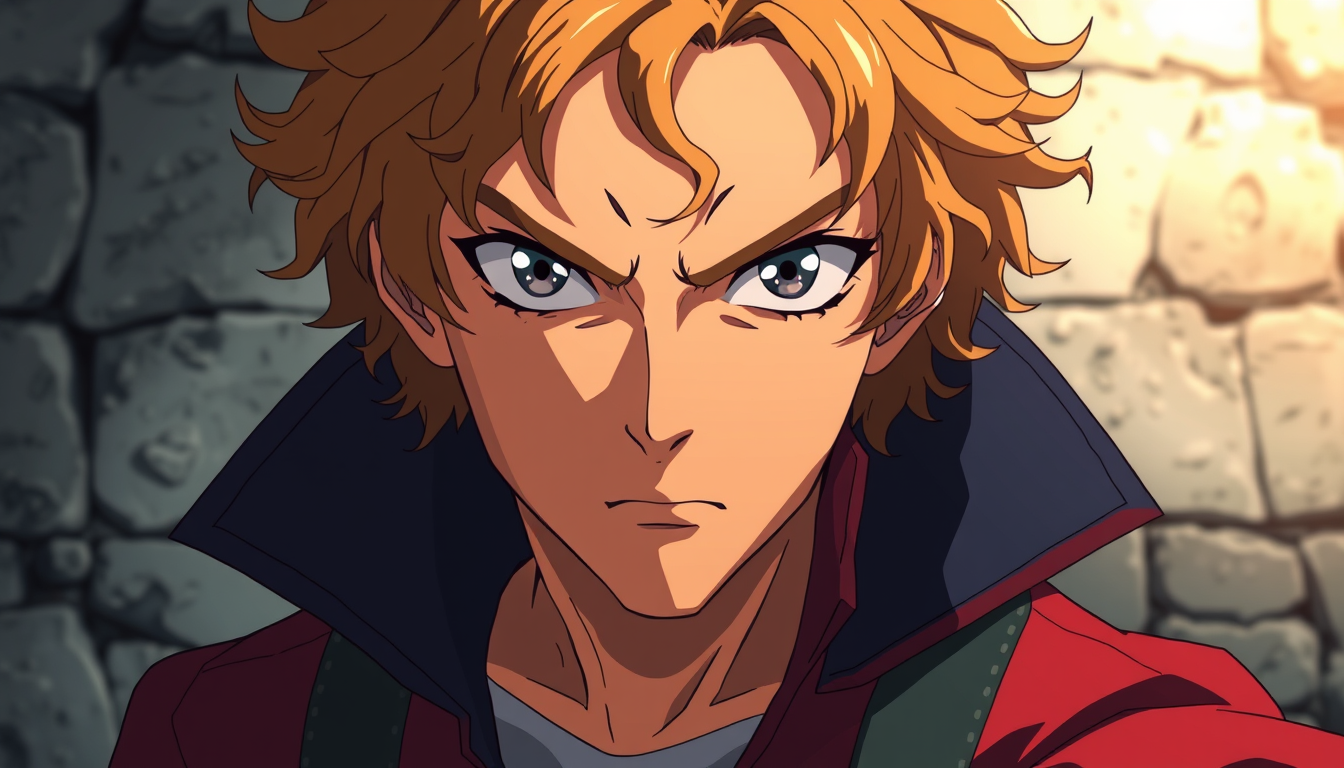Anime idea: anime style, vibrant colors, expressive eyes, tan, dirty blonde/ brown curly hair who looks mysterious and intimidating with gray eyes and super far a