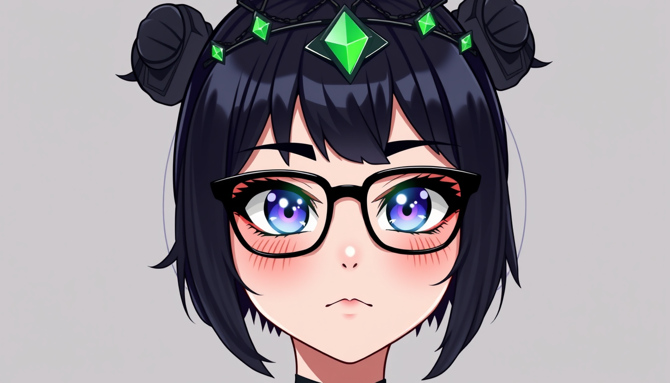 VTuber idea: vtuber avatar character, anime style, expressive face, streaming-ready design, Cute anime girl with black hair black wireframe glasses, glowing neon e