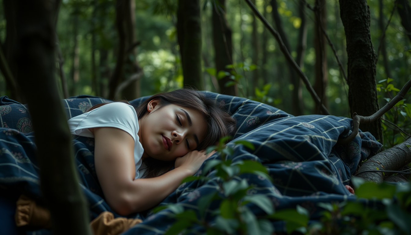 Main art studio: Nice young women sleeping ni forest