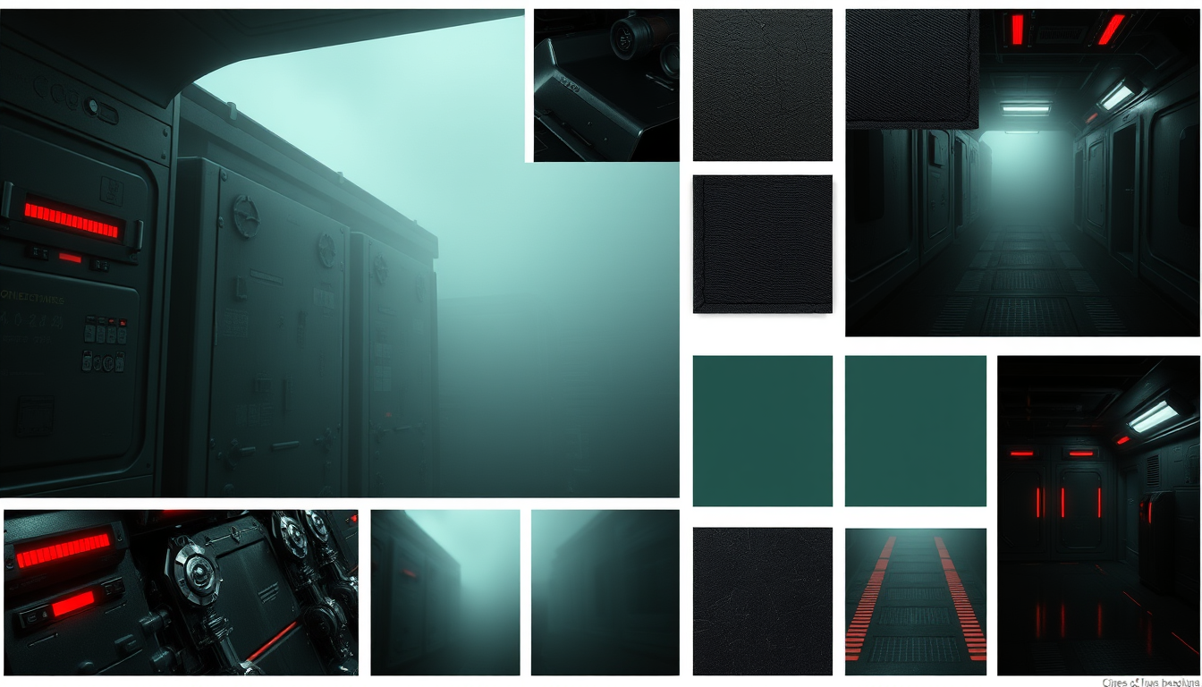 Mood Board idea: mood board collage, curated visual references, material swatches, color palette, editorial layout, a dark sci-fi game mood board with metal panels, re