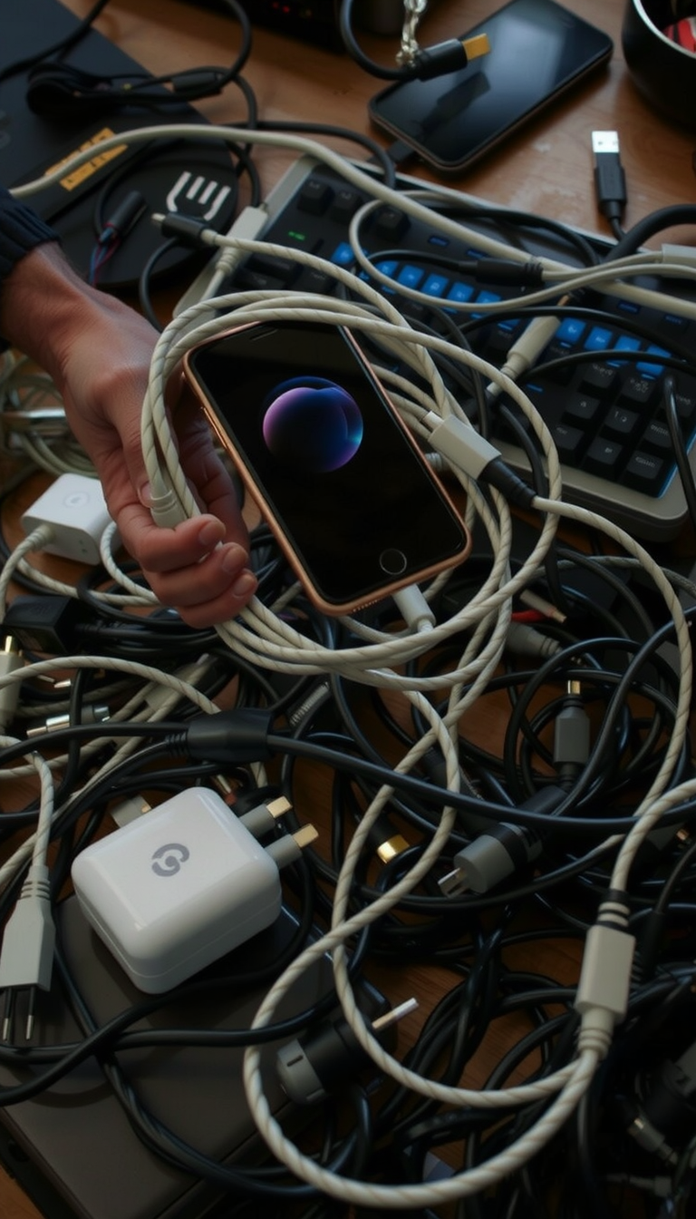 Main art studio: Ultra realistic cinematic video. A messy desk full of tangled charging cables. A frustrated hand enters the frame, grabs several charging cables at on
