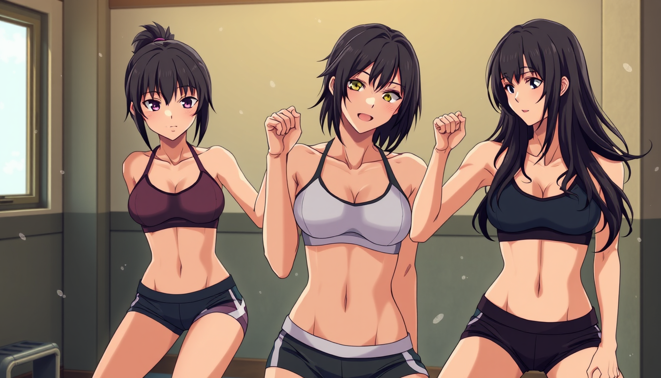 Main art studio: Anime Mikasa Ackerman and Yoruichi Shihōin as glamorous adult fitness influencers during an intense workout full body Abs toned bodies and sweat sexy