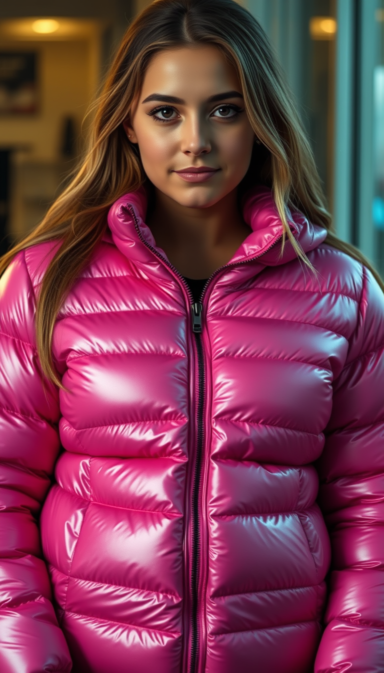 Main art studio: Beautiful young adult woman with long hair, wearing a shiny fuchsia pink puffer jacket fully zipped up to the chin. She has a noticeably rounded, bloa